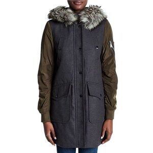 BCBG Womens Winter Parka Coat Military Green Removable Fur Hood Jacket Size L